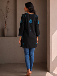Rayon Chikankari Solid Women's Short Kurta - Black/Blue