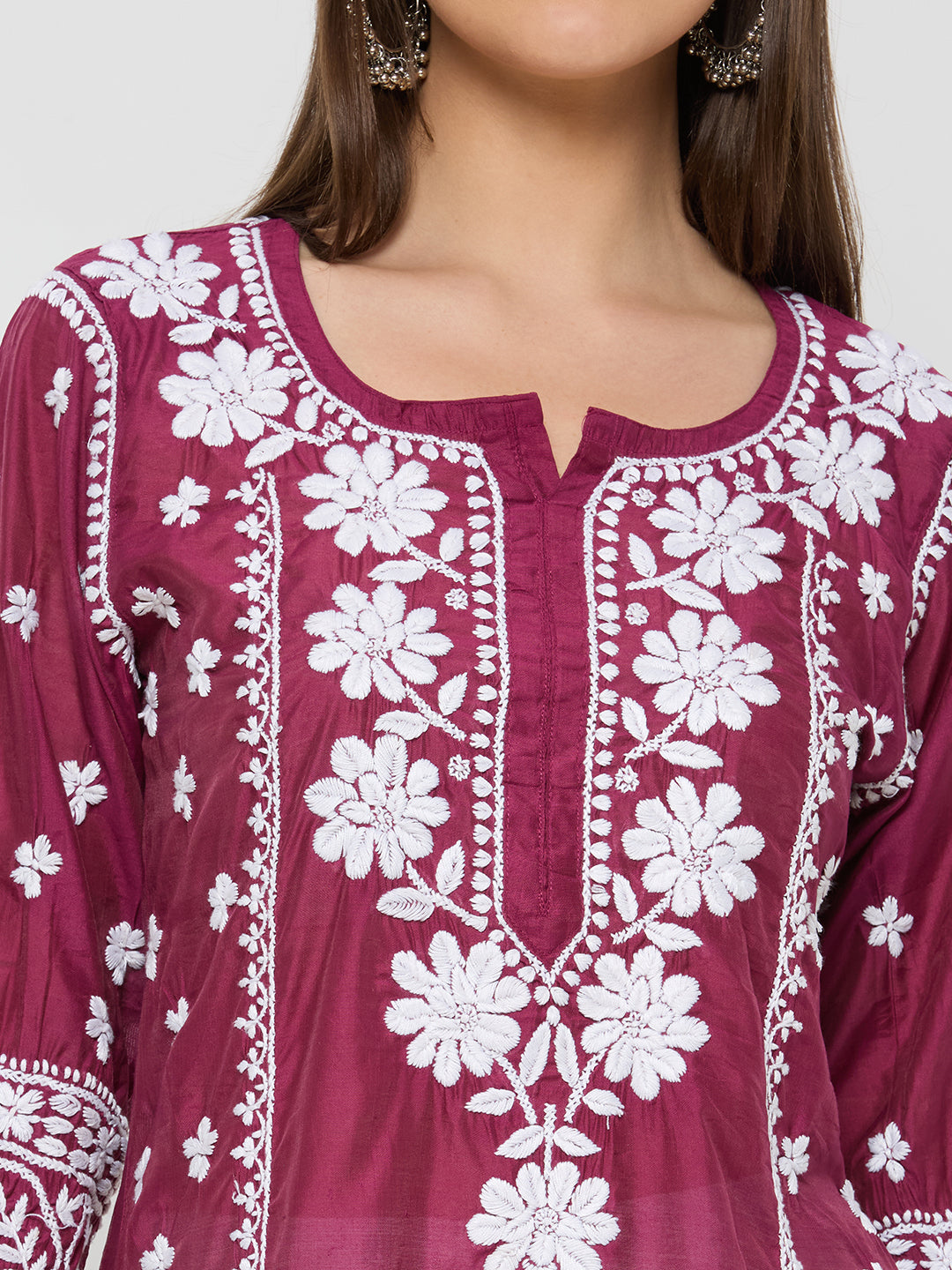 Chanderi Chikankari Solid Women's Long Kurta - Maroon