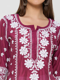 Chanderi Chikankari Solid Women's Long Kurta - Maroon