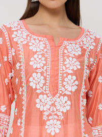 Chanderi Chikankari Solid Women's Long Kurta - Peach