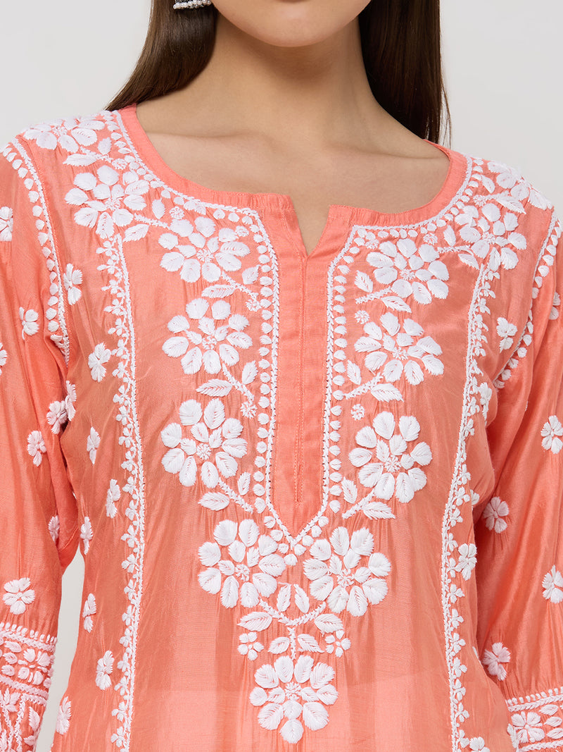 Chanderi Chikankari Solid Women's Long Kurta - Peach
