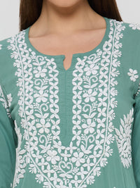 Modal Chikankari Solid Women's Long Kurta - Green