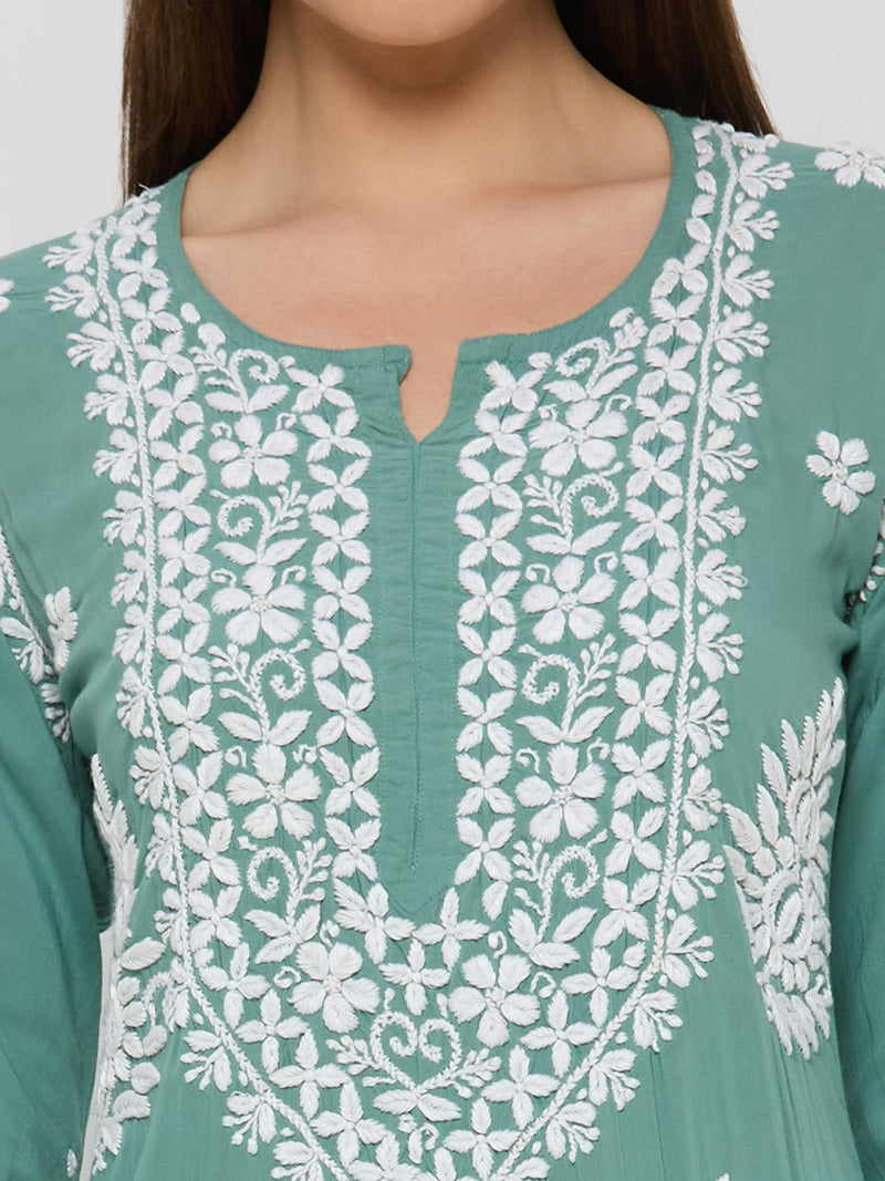 Modal Chikankari Solid Women's Long Kurta - Green