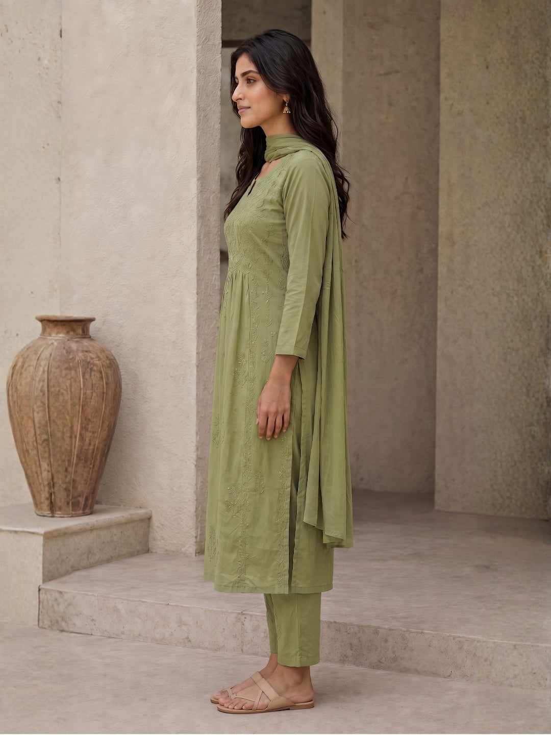 Nyra Mul Cotton 3-Piece Kurta Set with Dupatta - Sage Green