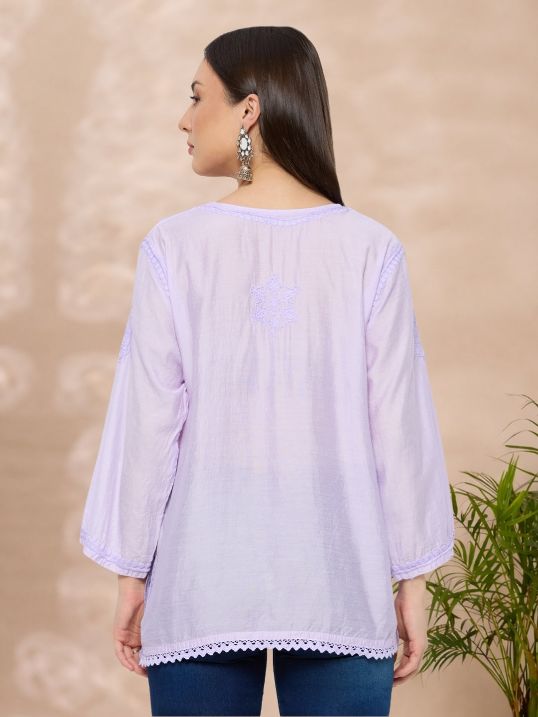 Chanderi Chikankari Solid Women's Short Kurta - Lavendar
