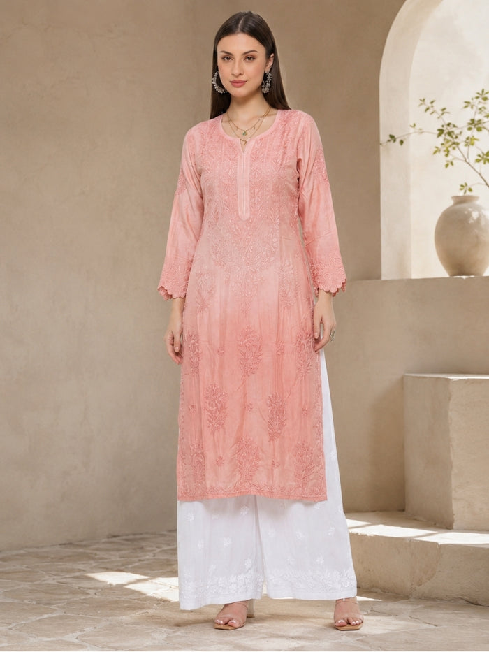 Modal Satain Cutwork Women’s Long Kurta - Rose Pink
