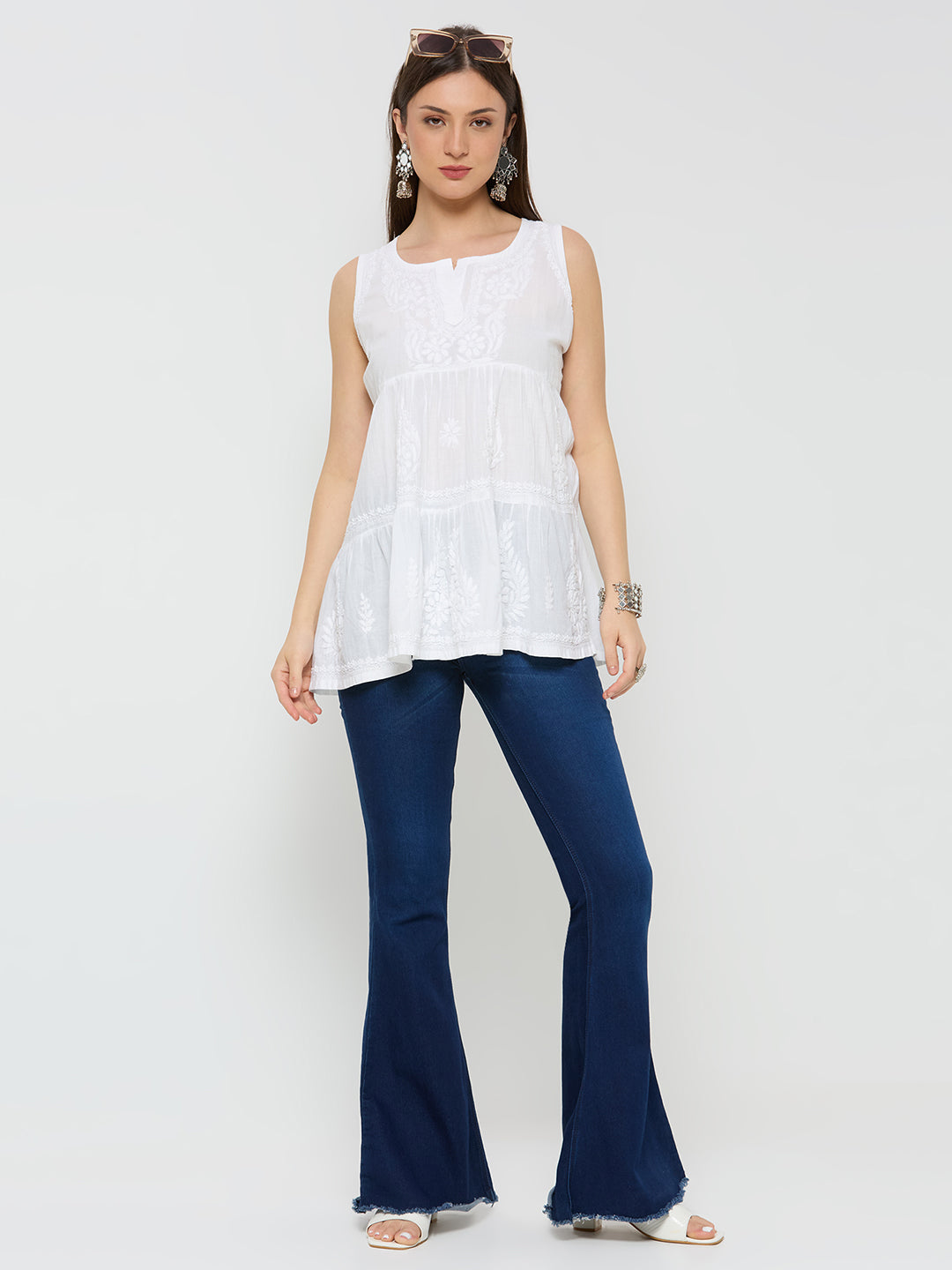 Cotton Chikankari Solid Women's short Kurta - White