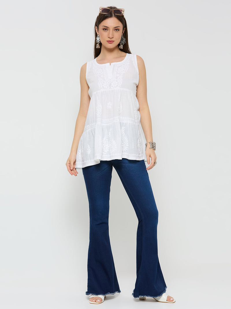 Cotton Chikankari Solid Women's short Kurta - White