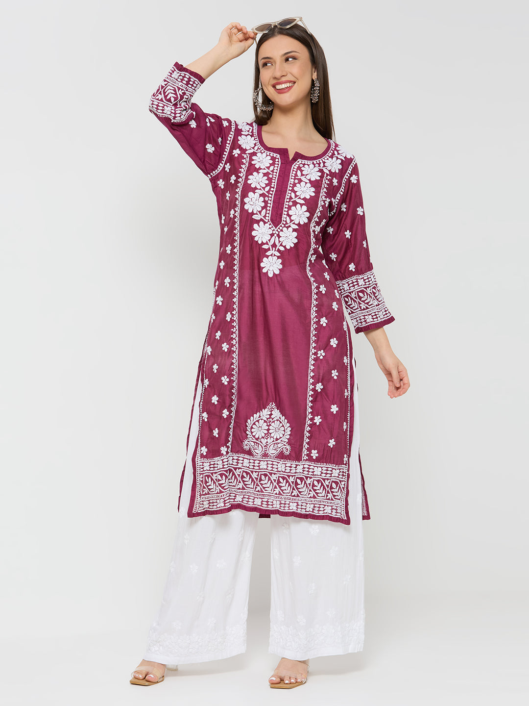 Chanderi Chikankari Solid Women's Long Kurta - Maroon