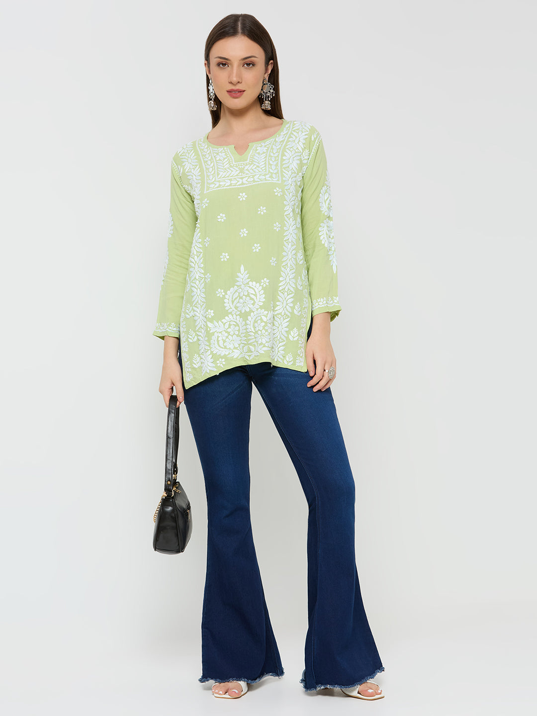 Rayon Chikankari Solid Women's Short Kurta - Green