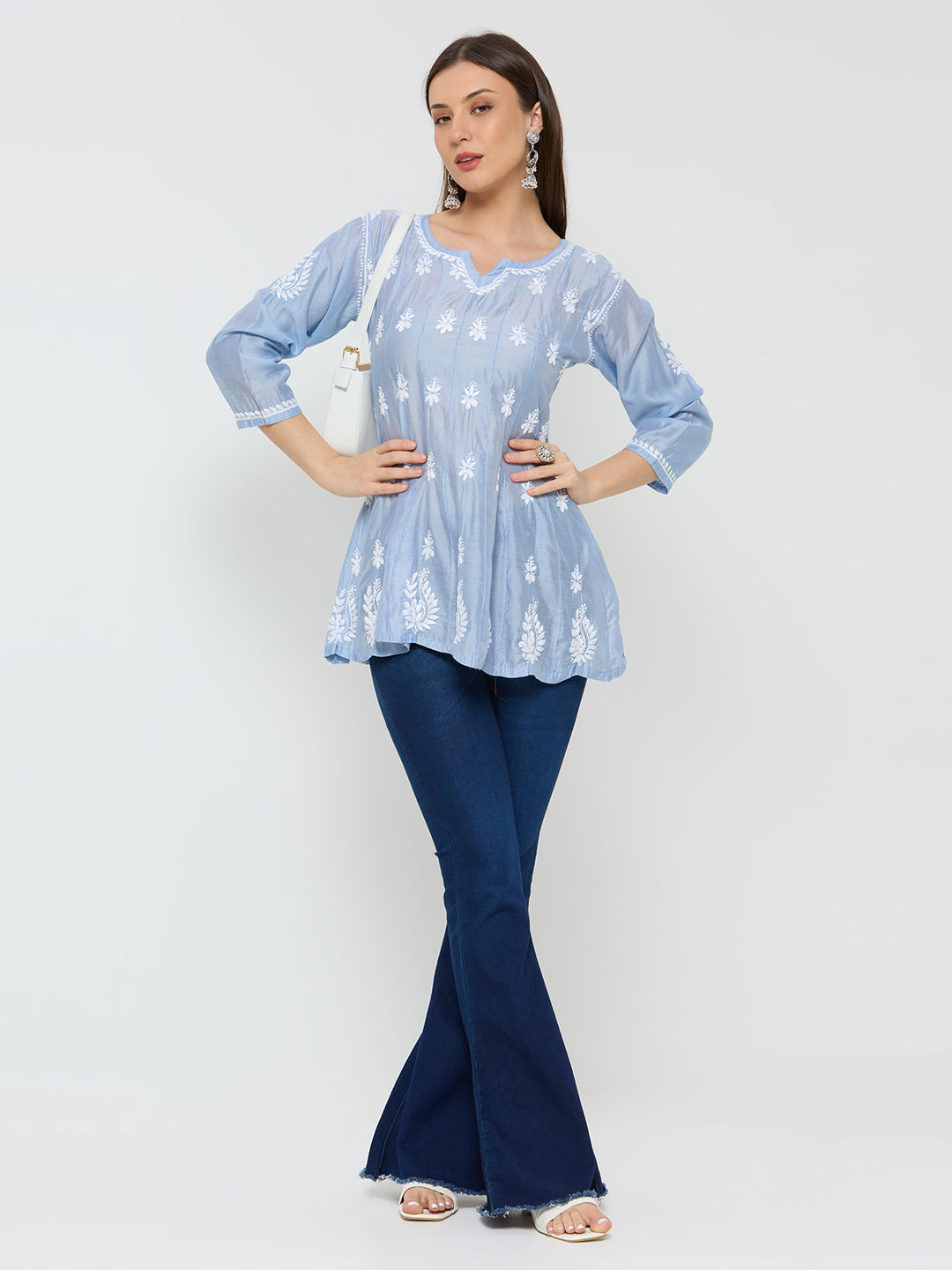 Chanderi Chikankari Solid Women's Short Kurta - Blue
