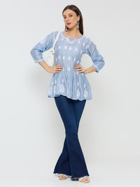 Chanderi Chikankari Solid Women's Short Kurta - Blue