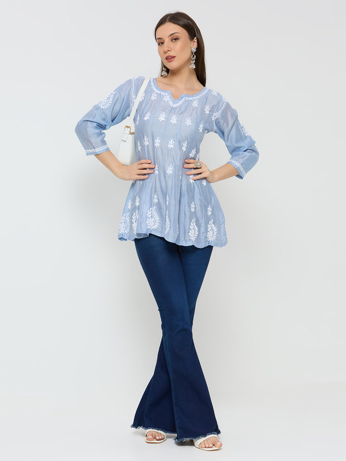 Chanderi Chikankari Solid Women's Short Kurta - Blue