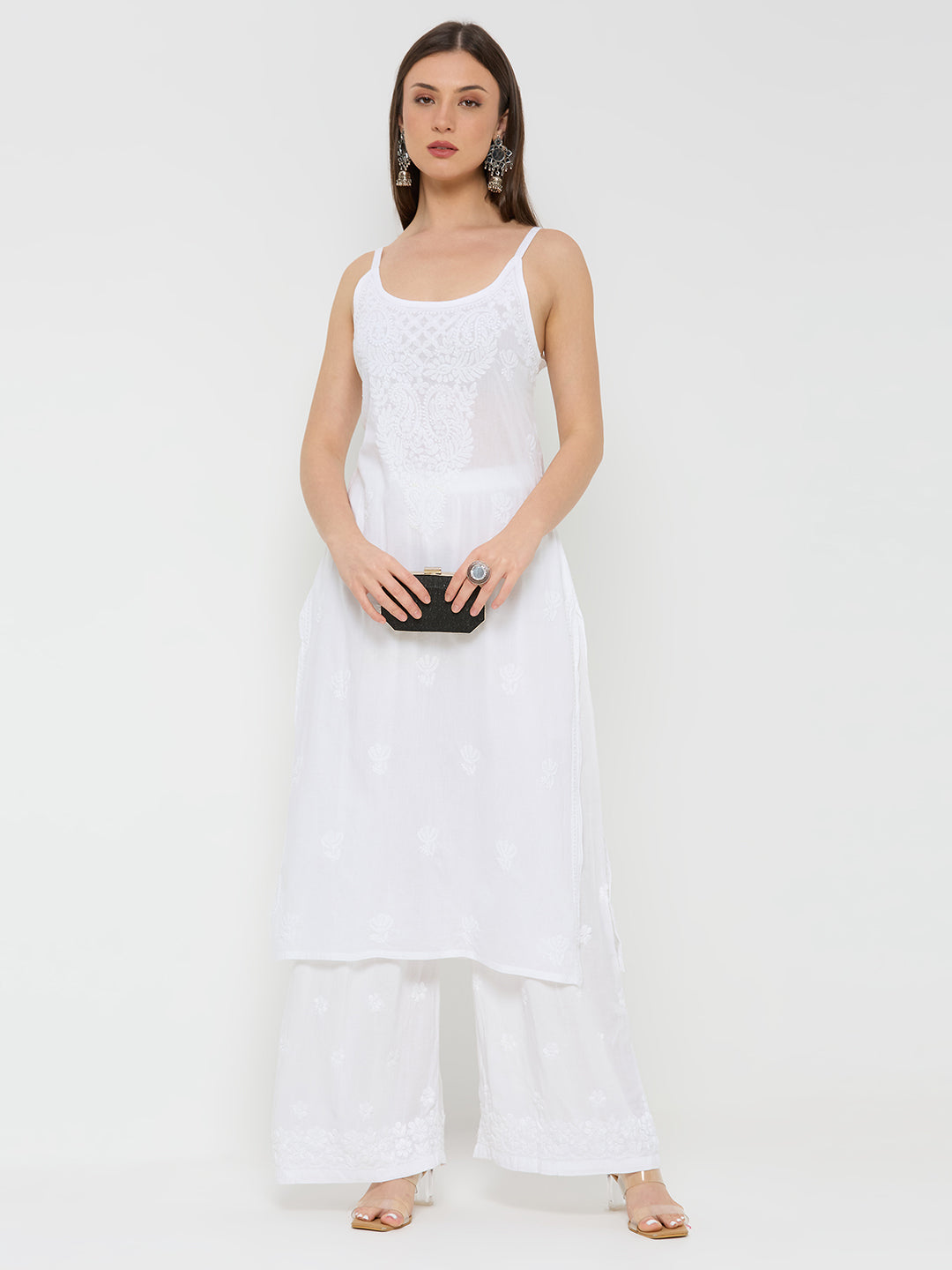 Cotton Chikankari Long Kurta Sleeveless - White