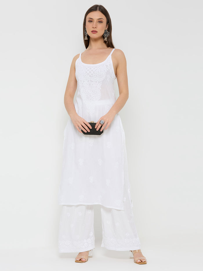 Cotton Chikankari Long Kurta Sleeveless - White
