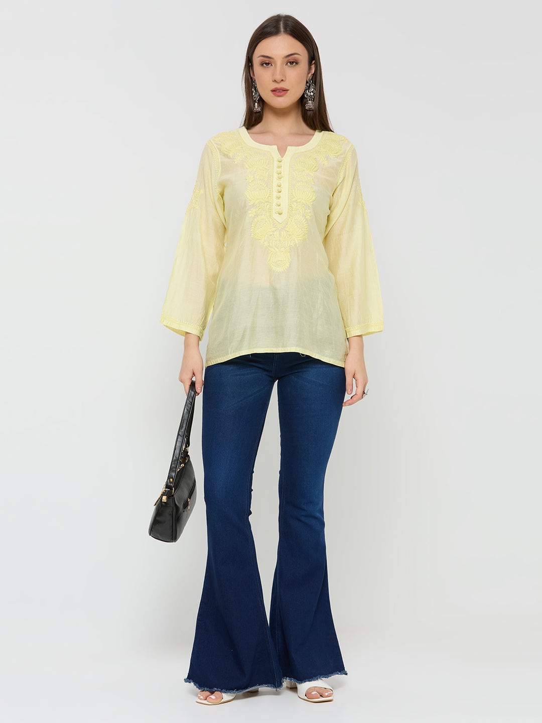 Chanderi Chikankari Solid Women's Short Kurta