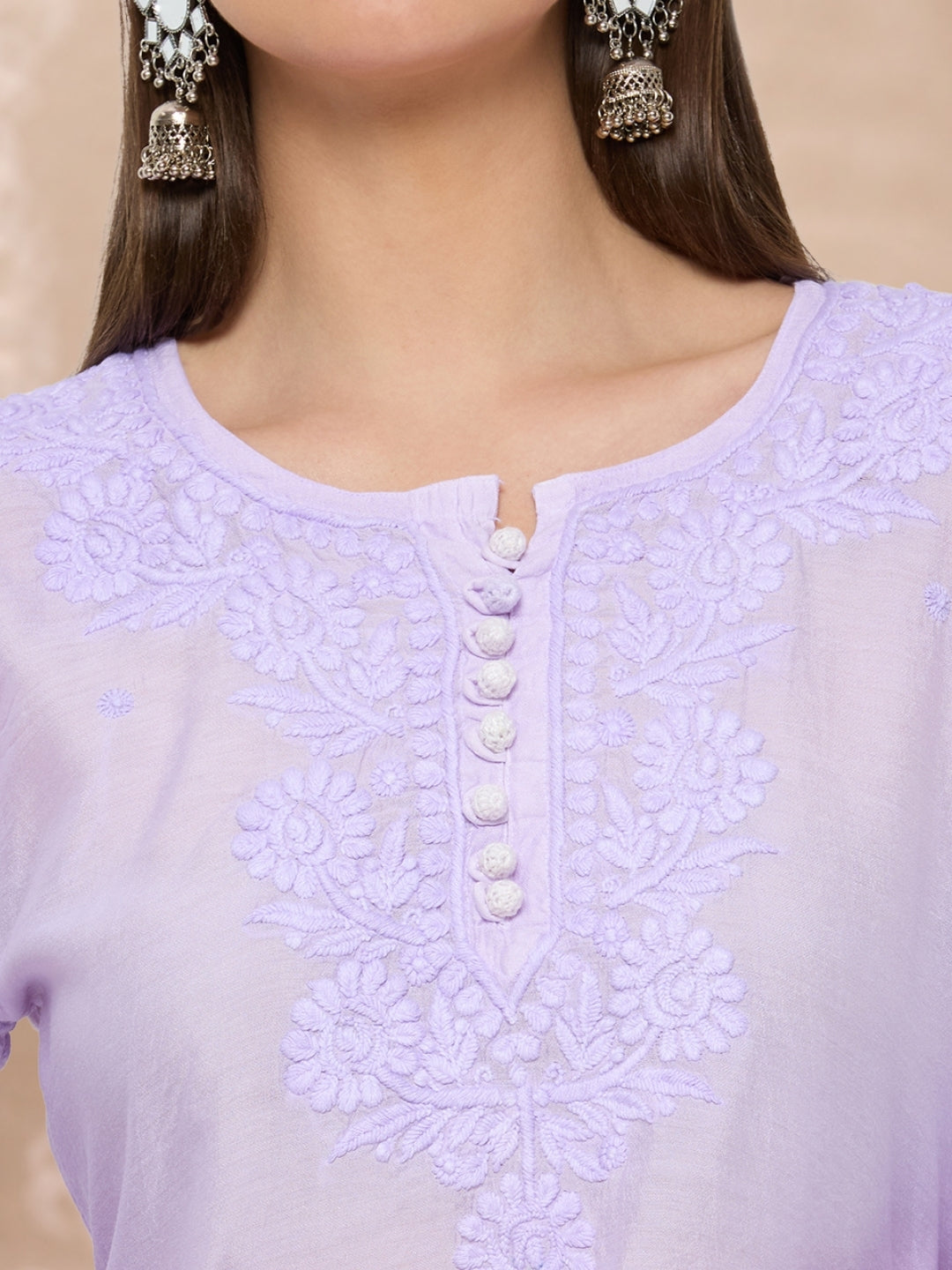 Chanderi Chikankari Solid Women's Short Kurta - Lavendar