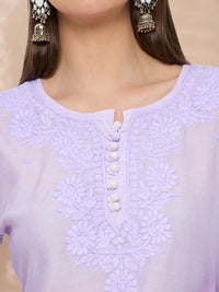 Chanderi Chikankari Solid Women's Short Kurta - Lavendar