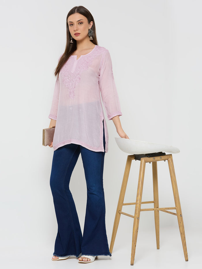 Chanderi Chikankari Solid Women's short- Kurta-Mauve Pink