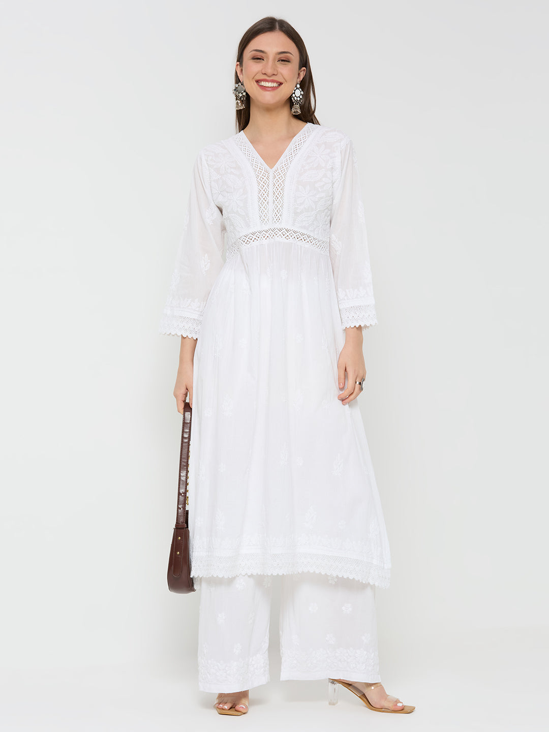 Mul Cotton Chikankari Solid Women's Long Kurta