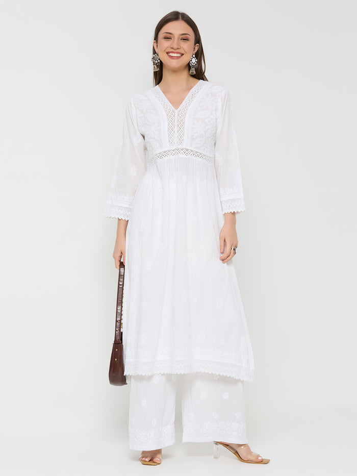 Mul Cotton Chikankari Solid Women's Long Kurta