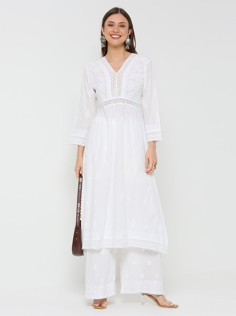 Mul Cotton Chikankari Solid Women's Long Kurta