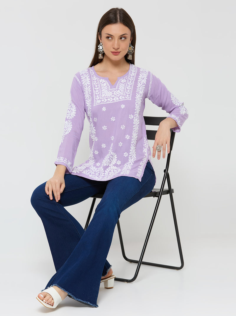Rayon Chikankari Solid Women's Short Kurta - Lavender