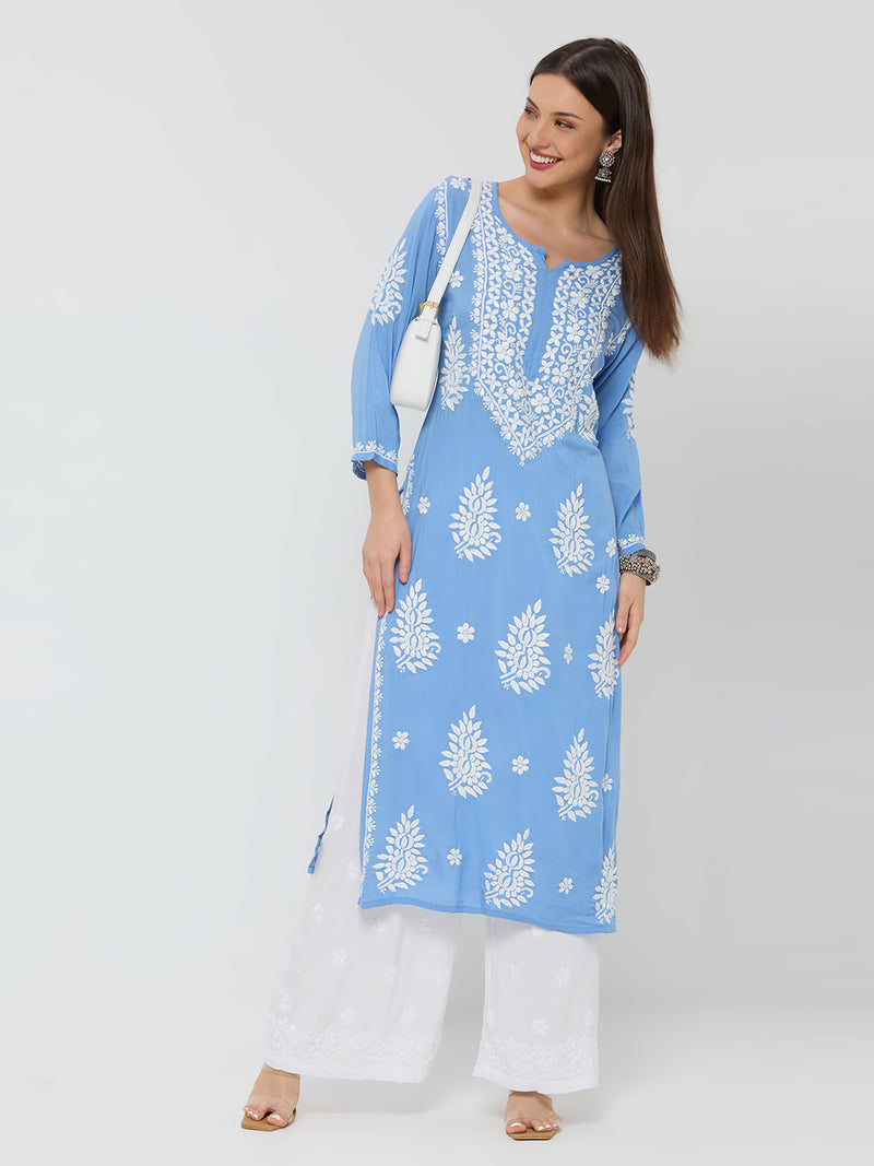 Modal Chikankari Solid Women's Long Kurta - Blue