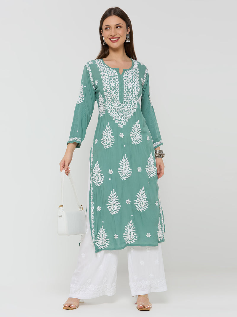 Modal Chikankari Solid Women's Long Kurta - Green