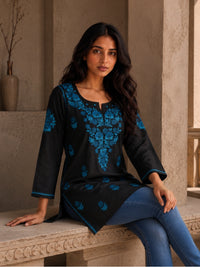 Rayon Chikankari Solid Women's Short Kurta - Black/Blue