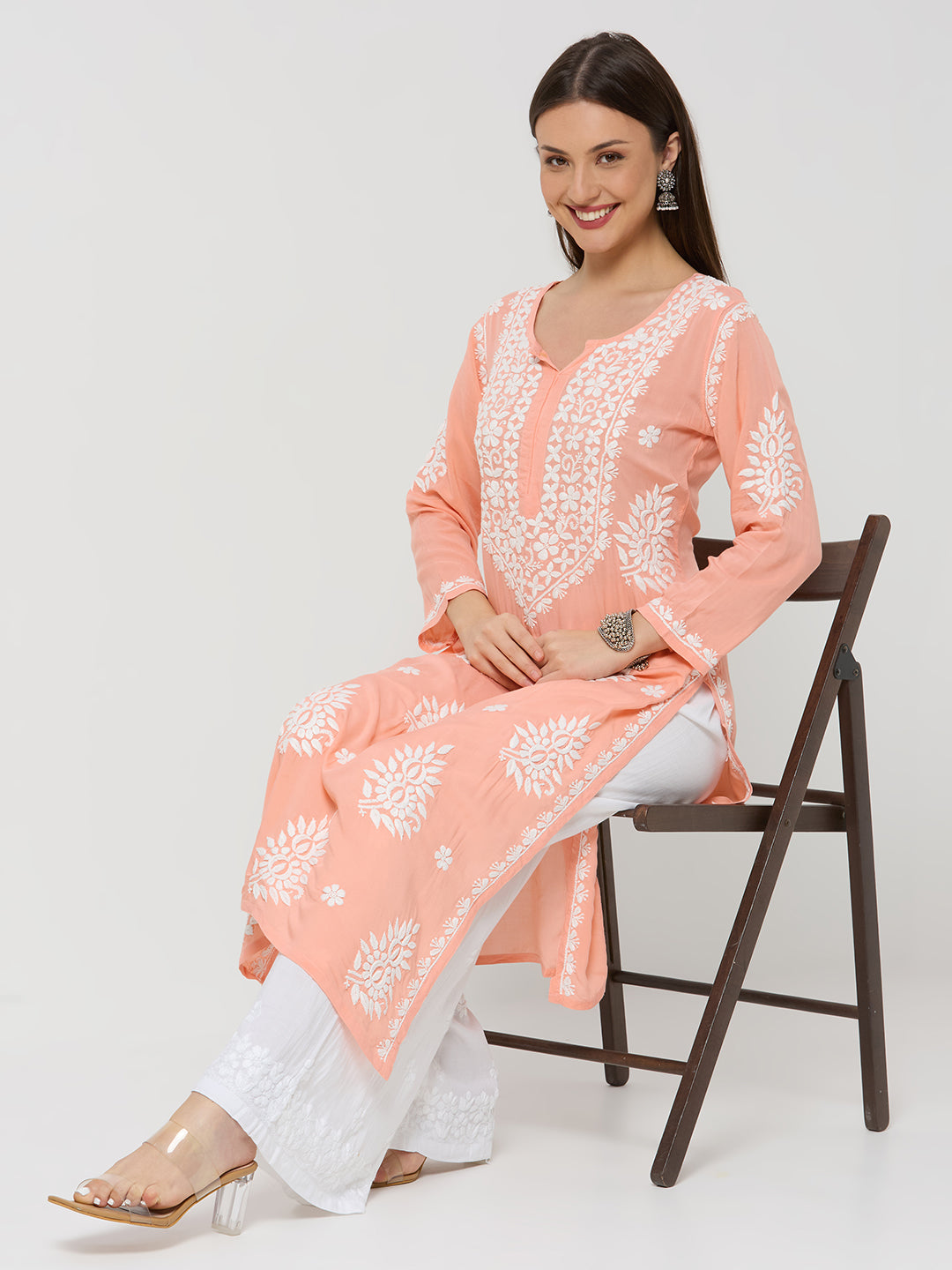 Modal Chikankari Solid Women's Long Kurta - Peach