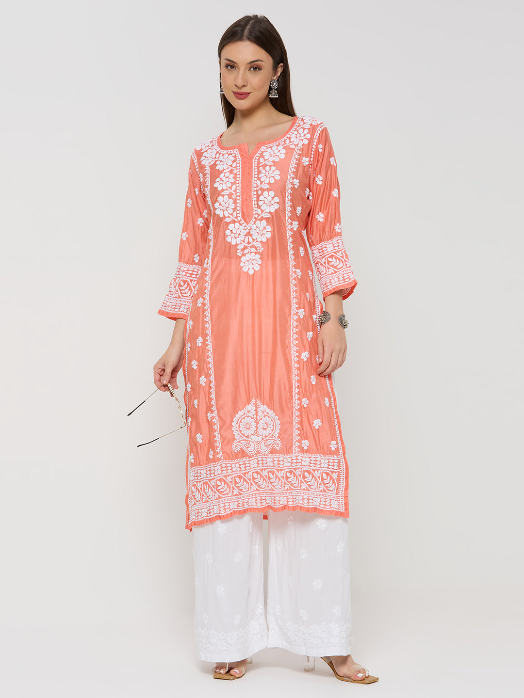 Chanderi Chikankari Solid Women's Long Kurta - Peach