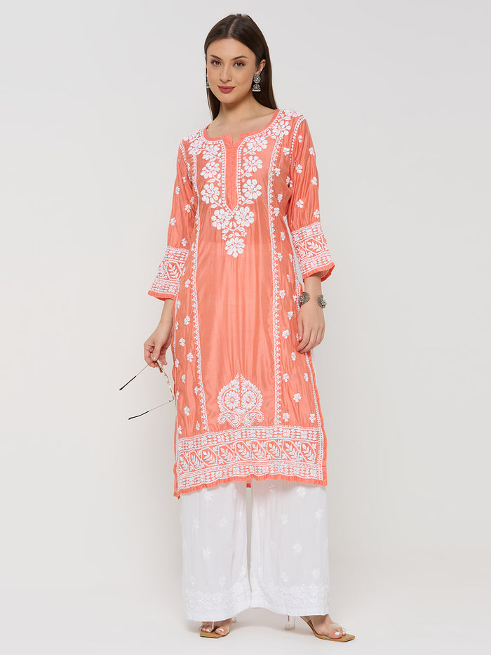 Chanderi Chikankari Solid Women's Long Kurta - Peach