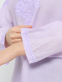 Chanderi Chikankari Solid Women's Short Kurta - Lavendar