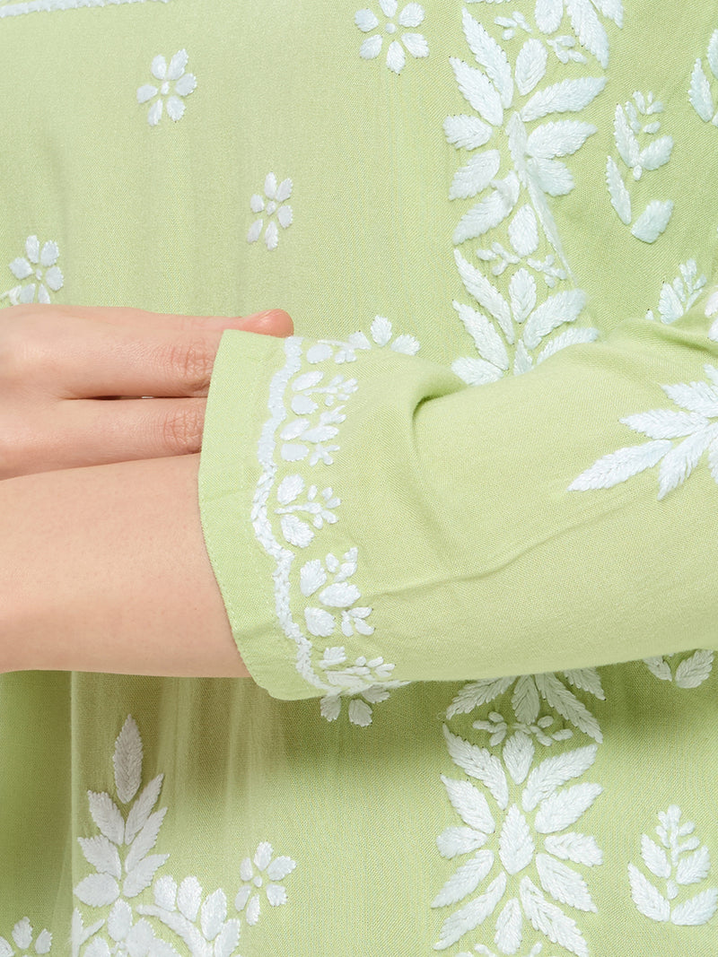 Rayon Chikankari Solid Women's Short Kurta - Green