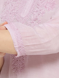 Chanderi Chikankari Solid Women's short- Kurta - Mauve Pink