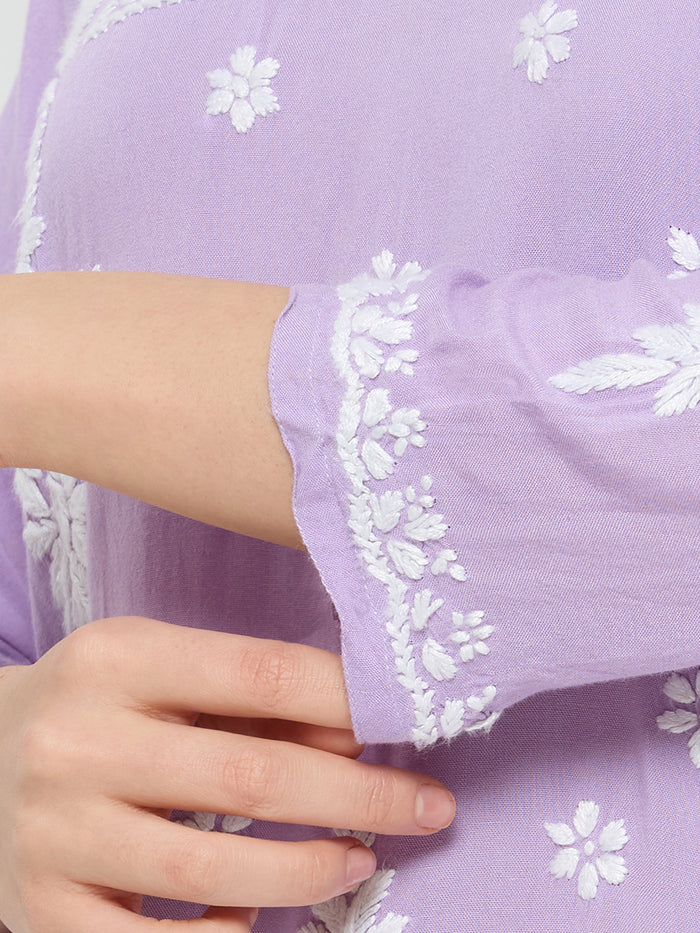 Rayon Chikankari Solid Women's Short Kurta - Lavender