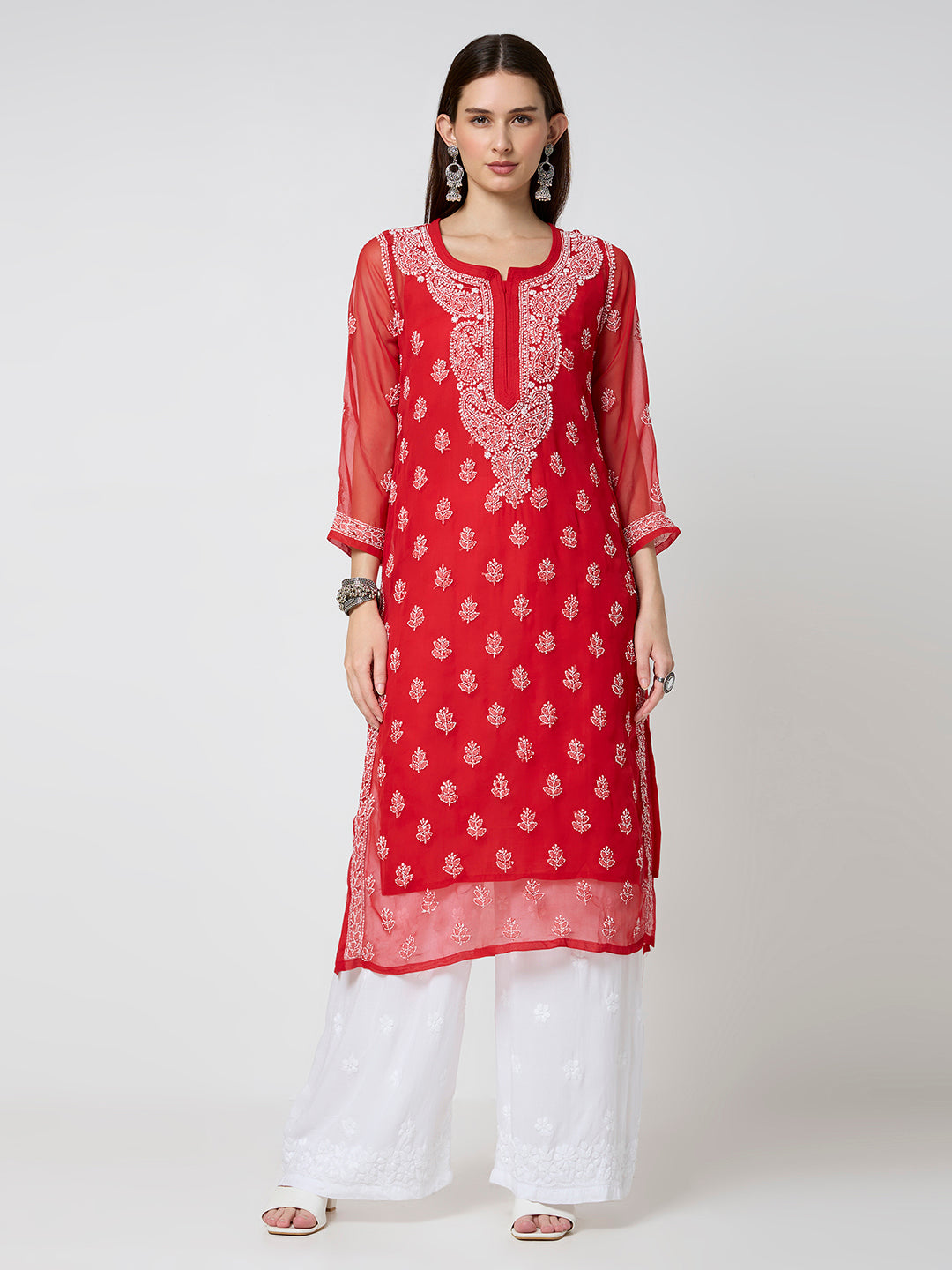 Georgette Chikankari Long Kurta With Slip - Red