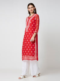 Georgette Chikankari Long Kurta With Slip - Red