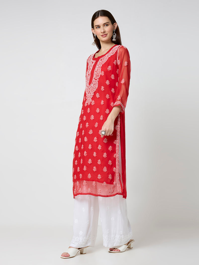 Georgette Chikankari Long Kurta With Slip - Red