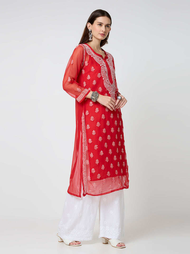 Georgette Chikankari Long Kurta With Slip - Red