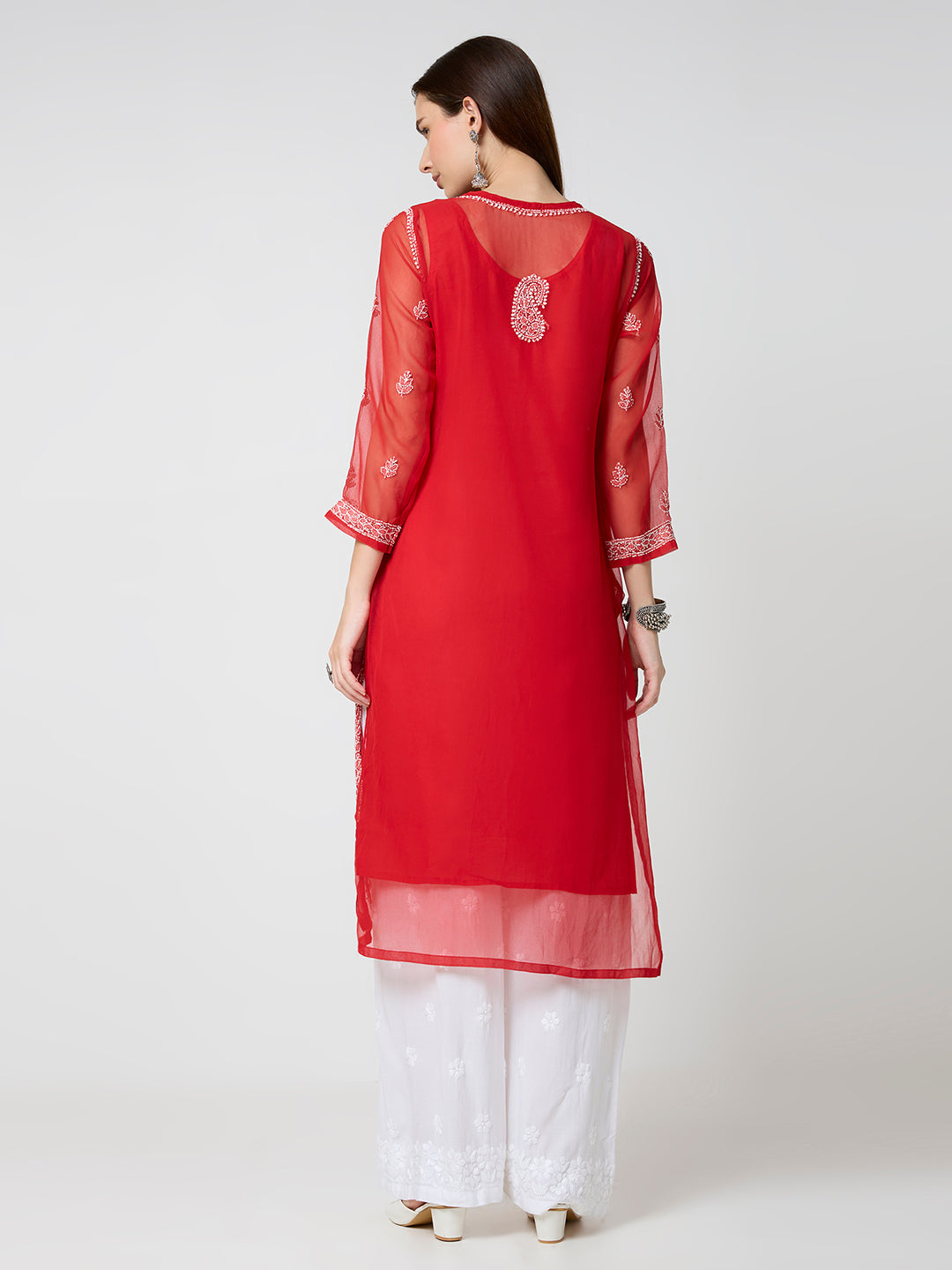 Georgette Chikankari Long Kurta With Slip - Red