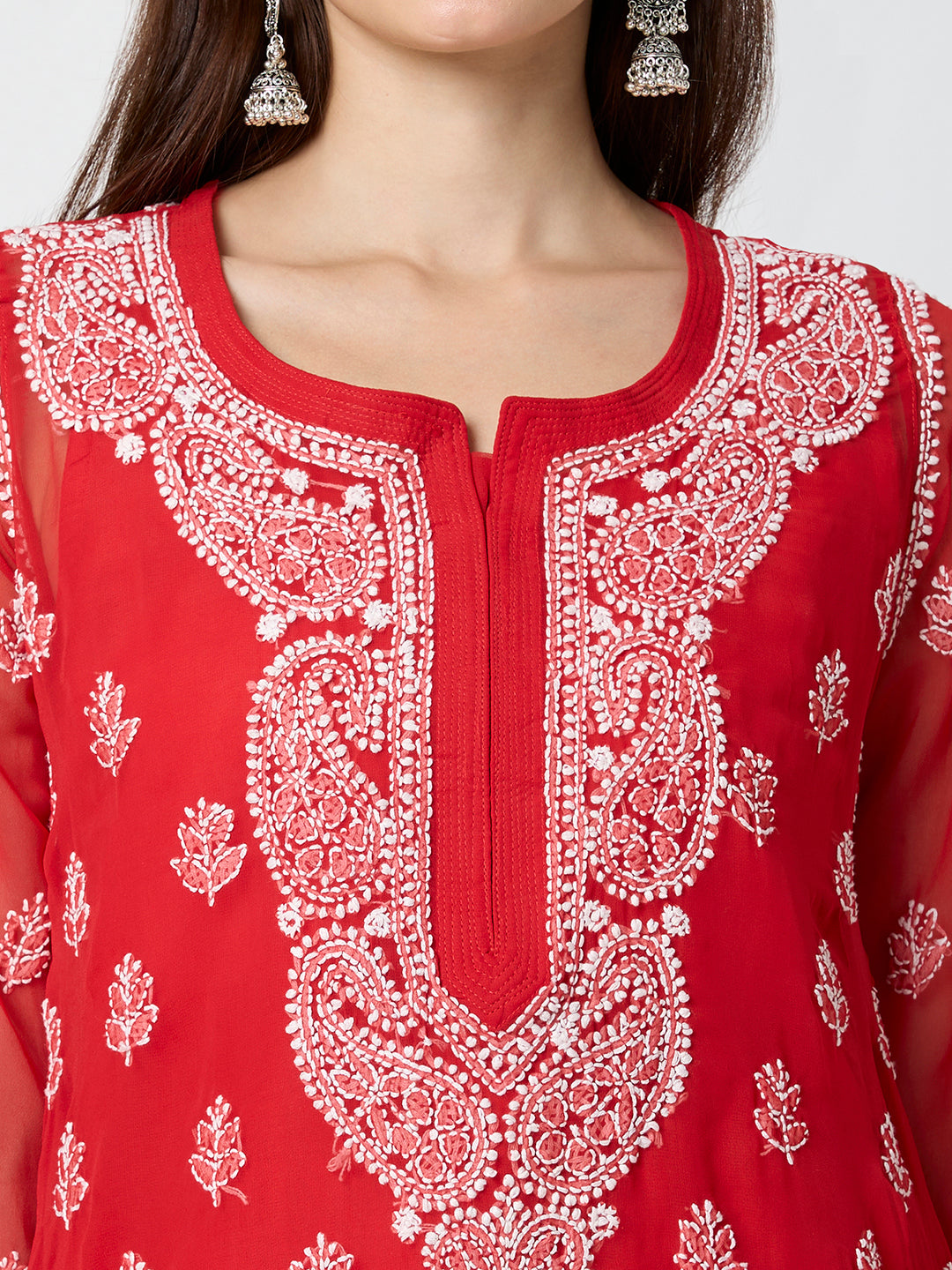 Georgette Chikankari Long Kurta With Slip - Red