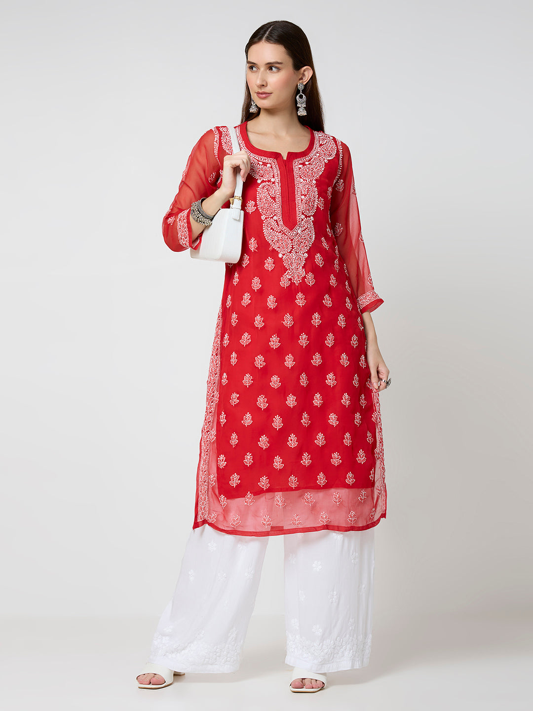 Georgette Chikankari Long Kurta With Slip - Red