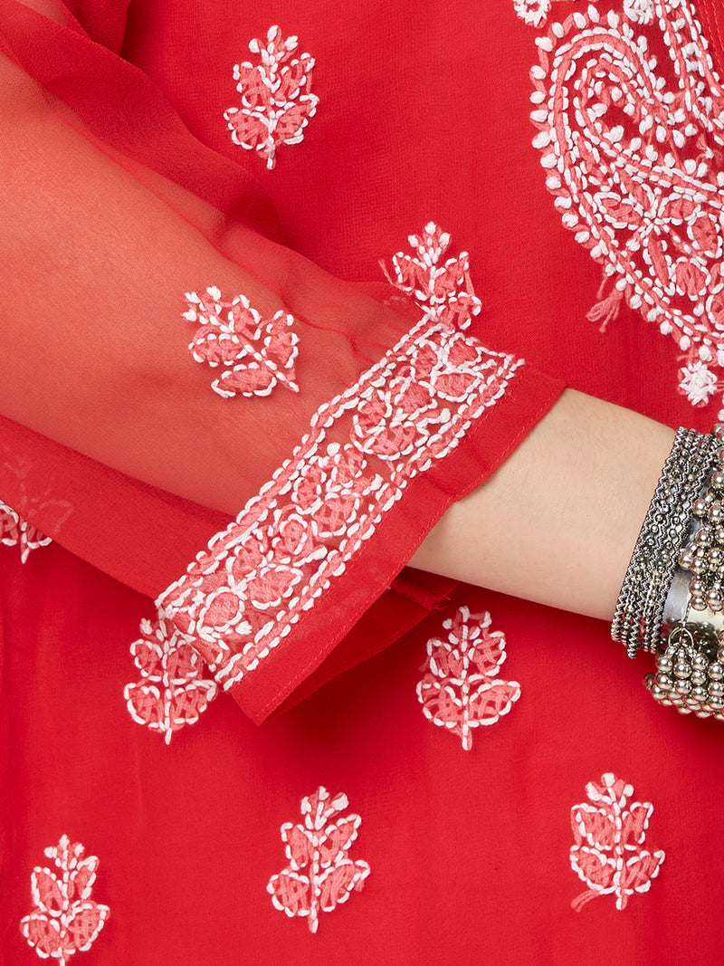 Georgette Chikankari Long Kurta With Slip - Red