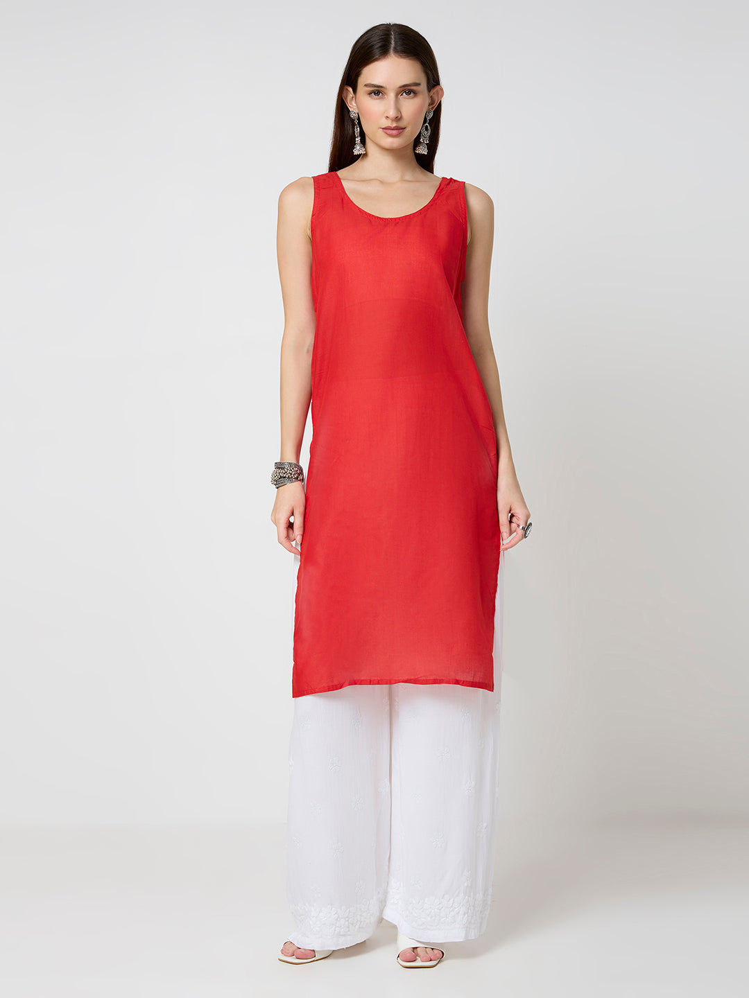 Georgette Chikankari Long Kurta With Slip - Red