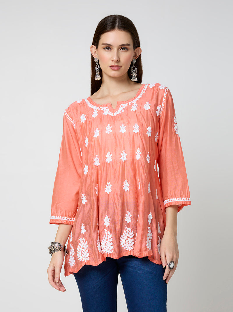 Chanderi Chikankari Solid Women's Short Kurta - Orange