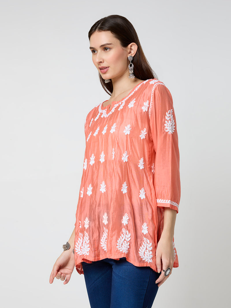 Chanderi Chikankari Solid Women's Short Kurta - Orange