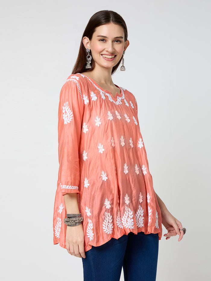 Chanderi Chikankari Solid Women's Short Kurta - Orange