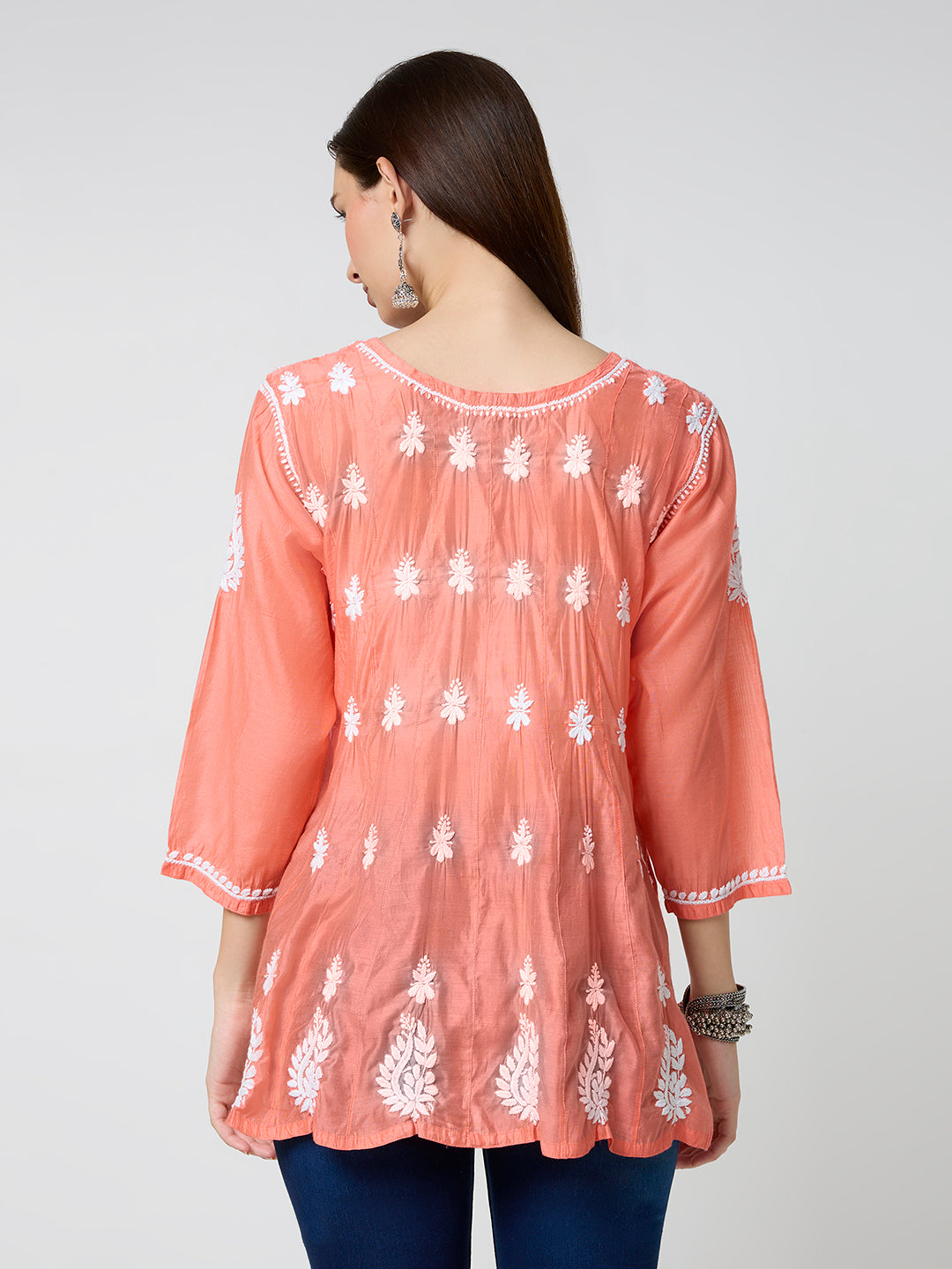 Chanderi Chikankari Solid Women's Short Kurta - Orange